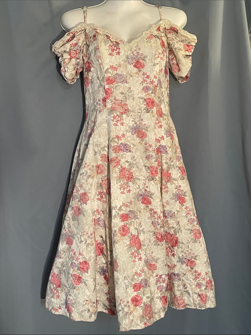 Romantic Cream Midi Dress with Pink Floral Print